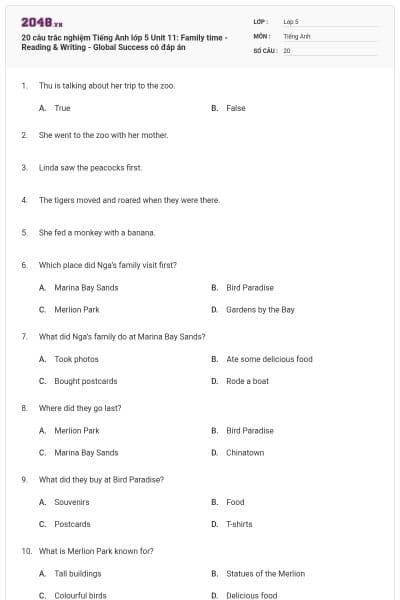 20 câu trắc nghiệm Tiếng Anh lớp 5 Unit 11: Family time - Reading & Writing - Global Success có đáp án
