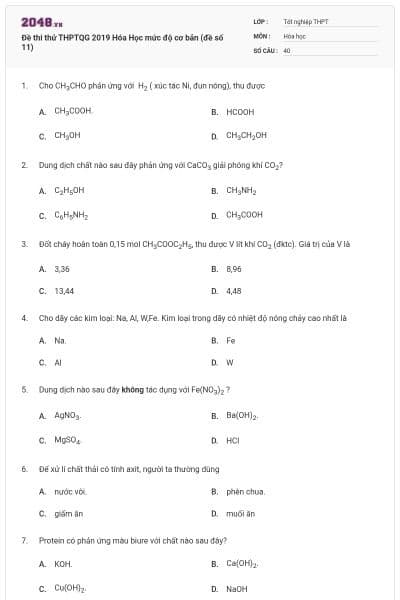 Đề thi thử THPTQG 2019 Hóa Học mức độ cơ bản (đề số 11)