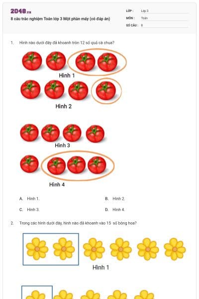 8 câu trắc nghiệm Toán lớp 3 Một phần mấy (có đáp án)