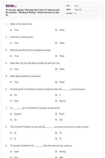 20 câu trắc nghiệm Tiếng Anh lớp 5 Unit 16: Seasons and the weather - Reading & Writing - Global Success có đáp án