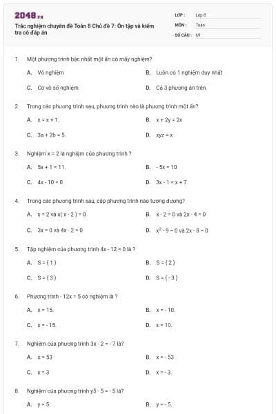 Trắc nghiệm chuyên đề Toán 8 Chủ đề 7: Ôn tập và kiểm tra có đáp án