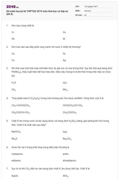 Đề minh hoạ kỳ thi THPTQG 2019 môn Hoá học có đáp án (Đề 8)