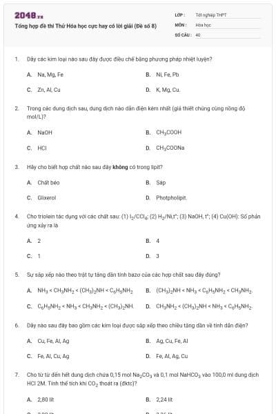 Tổng hợp đề thi Thử Hóa học cực hay có lời giải (Đề số 8)