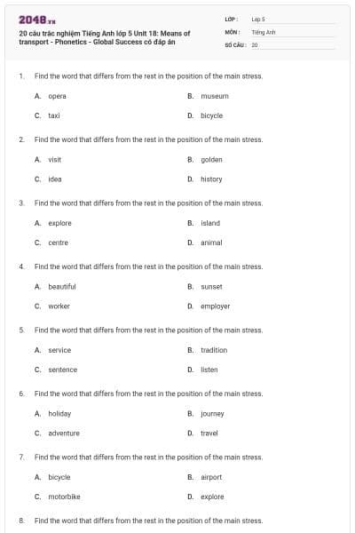 20 câu trắc nghiệm Tiếng Anh lớp 5 Unit 18: Means of transport - Phonetics - Global Success có đáp án