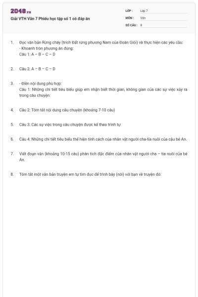 Giải VTH Văn 7 Phiếu học tập số 1 có đáp án