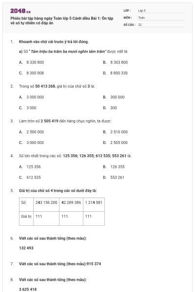 Phiếu bài tập hàng ngày Toán lớp 5 Cánh diều Bài 1: Ôn tập về số tự nhiên có đáp án