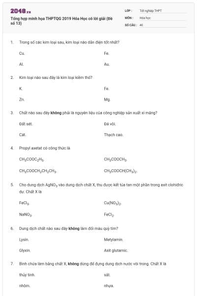 Tổng hợp minh họa THPTQG 2019 Hóa Học có lời giải (Đề số 13)