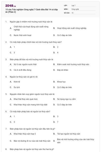 15 câu Trắc nghiệm Công nghệ 7 Cánh diều Bài 14 có đáp án (Phần 2)