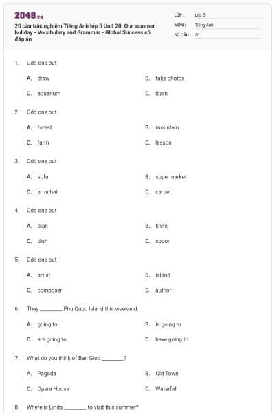 20 câu trắc nghiệm Tiếng Anh lớp 5 Unit 20: Our summer holiday - Vocabulary and Grammar - Global Success có đáp án