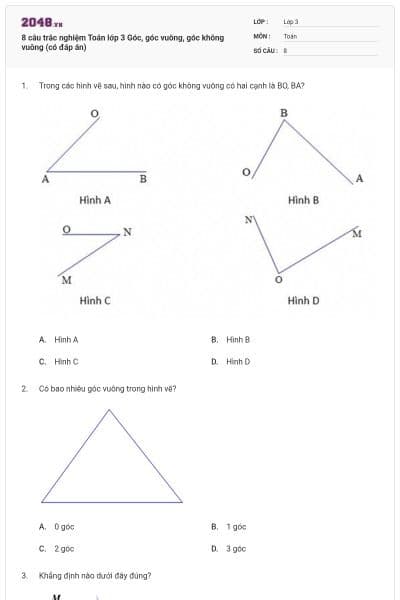 8 câu trắc nghiệm Toán lớp 3 Góc, góc vuông, góc không vuông (có đáp án)