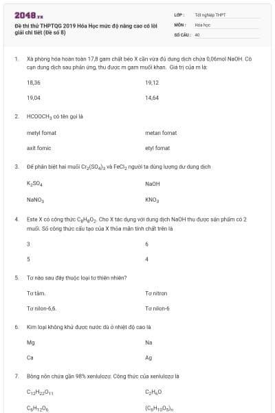 Đề thi thử THPTQG 2019 Hóa Học mức độ nâng cao có lời giải chi tiết (Đề số 8)