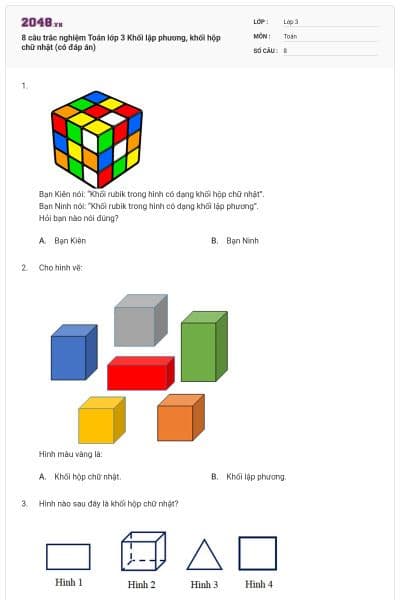 8 câu trắc nghiệm Toán lớp 3 Khối lập phương, khối hộp chữ nhật (có đáp án)