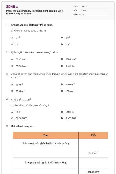 Phiếu bài tập hàng ngày Toán lớp 5 Cánh diều Bài 22: Ki-lô-mét vuông có đáp án