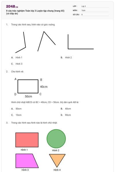 8 câu trắc nghiệm Toán lớp 3 Luyện tập chung (trang 65) (có đáp án)