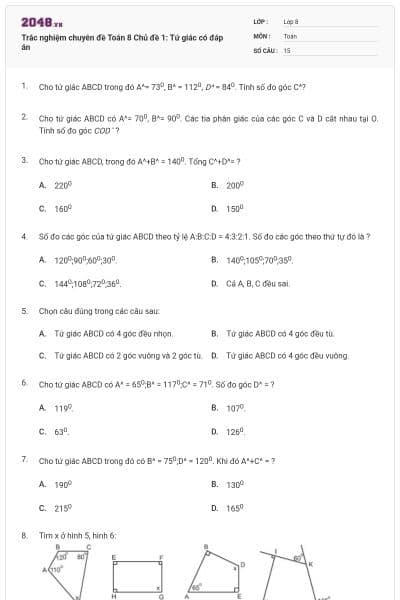 Trắc nghiệm chuyên đề Toán 8 Chủ đề 1: Tứ giác có đáp án