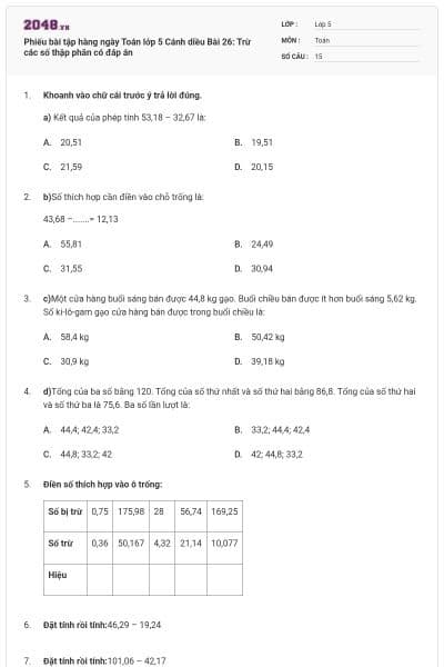 Phiếu bài tập hàng ngày Toán lớp 5 Cánh diều Bài 26: Trừ các số thập phân có đáp án