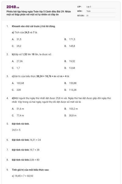 Phiếu bài tập hàng ngày Toán lớp 5 Cánh diều Bài 29: Nhân một số thập phân với một số tự nhiên có đáp án