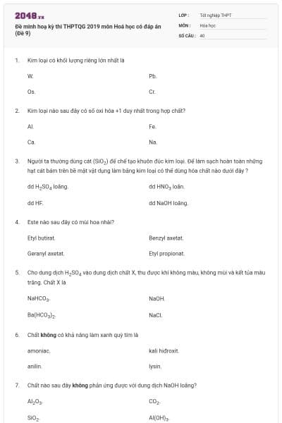 Đề minh hoạ kỳ thi THPTQG 2019 môn Hoá học có đáp án (Đề 9)