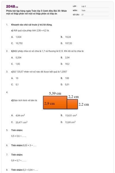 Phiếu bài tập hàng ngày Toán lớp 5 Cánh diều Bài 30: Nhân một số thập phân với một số thập phân có đáp án