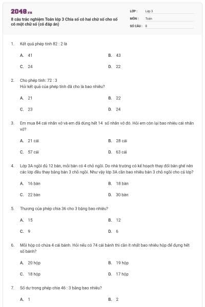 8 câu trắc nghiệm Toán lớp 3 Chia số có hai chữ số cho số có một chữ số (có đáp án)