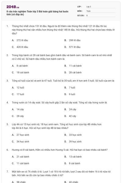 8 câu trắc nghiệm Toán lớp 3 Bài toán giải bằng hai bước tính (có đáp án)