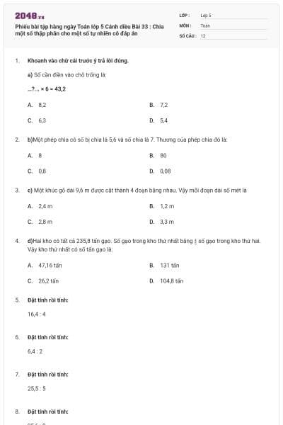 Phiếu bài tập hàng ngày Toán lớp 5 Cánh diều Bài 33 : Chia một số thập phân cho một số tự nhiên có đáp án