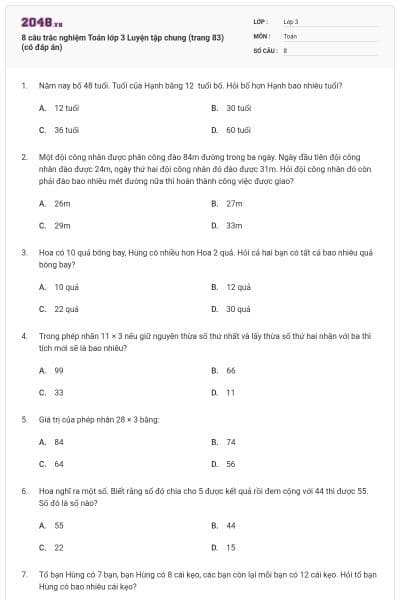 8 câu trắc nghiệm Toán lớp 3 Luyện tập chung (trang 83) (có đáp án)