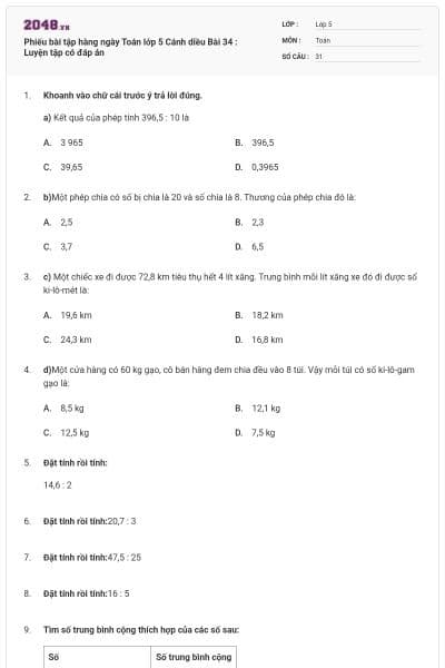 Phiếu bài tập hàng ngày Toán lớp 5 Cánh diều Bài 34 : Luyện tập có đáp án