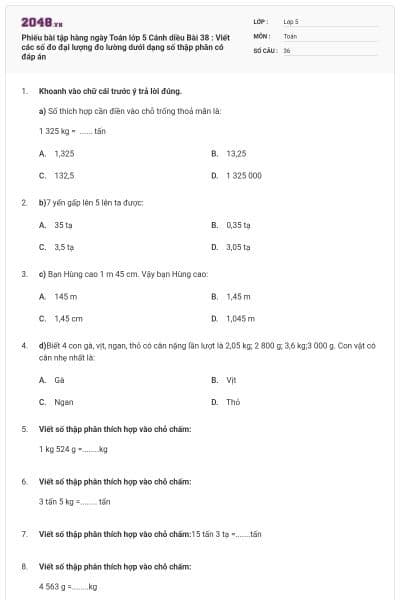 Phiếu bài tập hàng ngày Toán lớp 5 Cánh diều Bài 38 : Viết các số đo đại lượng đo lường dưới dạng số thập phân có đáp án