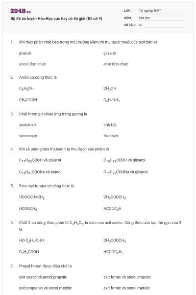 Bộ đề ôn luyện Hóa Học cực hay có lời giải (Đề số 4)