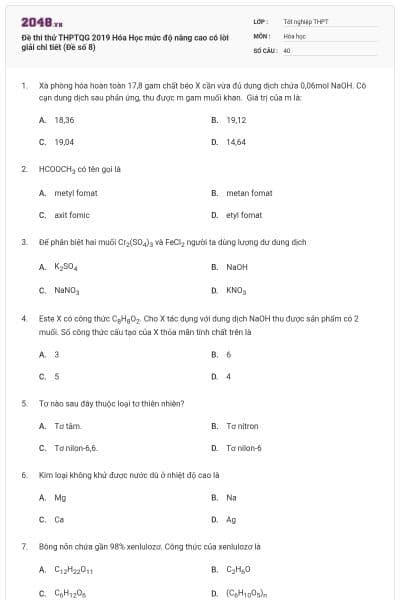 Đề thi thử THPTQG 2019 Hóa Học mức độ nâng cao có lời giải chi tiết (Đề số 8)