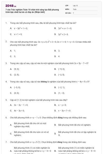 7 câu  Trắc nghiệm Toán 10 chân trời sáng tạo Bất phương trình bậc nhất hai ẩn có đáp án (Nhận biết)