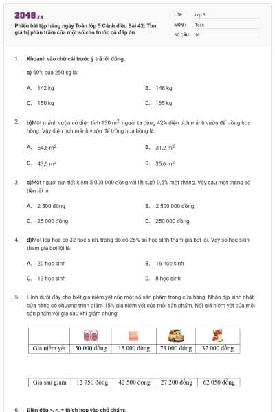 Phiếu bài tập hàng ngày Toán lớp 5 Cánh diều Bài 42: Tìm giá trị phần trăm của một số cho trước có đáp án