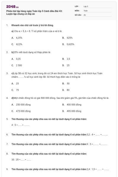 Phiếu bài tập hàng ngày Toán lớp 5 Cánh diều Bài 43: Luyện tập chung có đáp án
