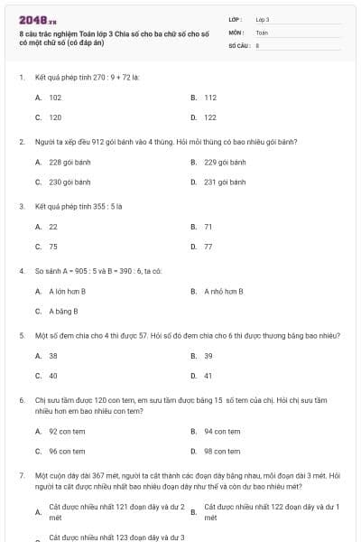 8 câu trắc nghiệm Toán lớp 3 Chia số cho ba chữ số cho số có một chữ số (có đáp án)
