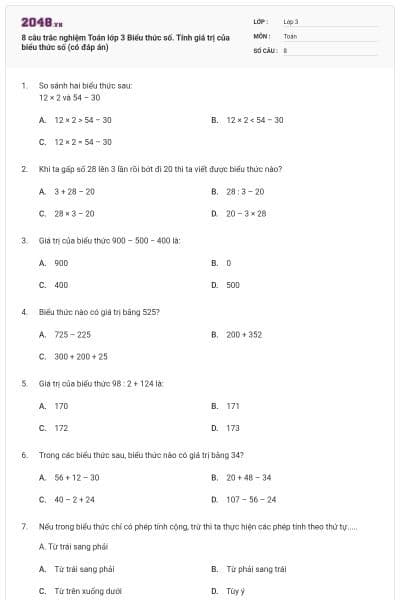 8 câu trắc nghiệm Toán lớp 3 Biểu thức số. Tính giá trị của biểu thức số (có đáp án)
