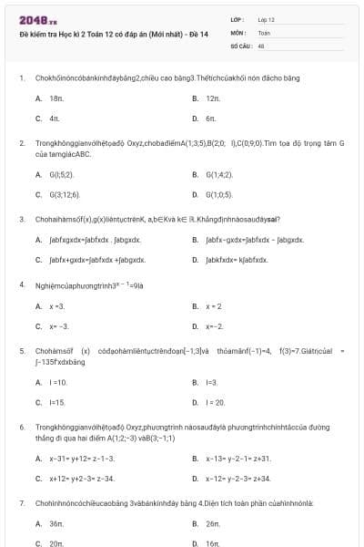 Đề kiểm tra Học kì 2 Toán 12 có đáp án (Mới nhất) - Đề 14