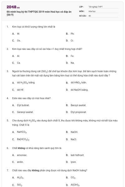 Đề minh hoạ kỳ thi THPTQG 2019 môn Hoá học có đáp án (Đề 9)