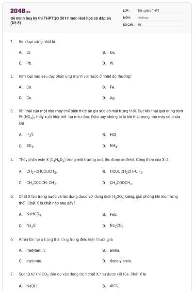 Đề minh hoạ kỳ thi THPTQG 2019 môn Hoá học có đáp án (Đề 8)