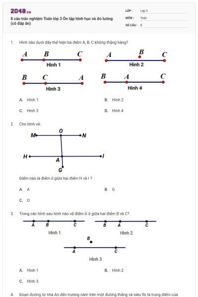 8 câu trắc nghiệm Toán lớp 3 Ôn tập hình học và đo lường (có đáp án)