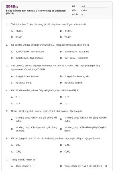Bộ đề kiểm tra định kì học kì 2 Hóa 9 có đáp án (Mới nhất) (Đề 34)