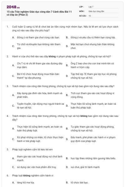 15 câu Trắc nghiệm Giáo dục công dân 7 Cánh diều Bài 11 có đáp án (Phần 2)