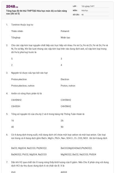 Tổng hợp đề thi thử THPTQG Hóa học mức độ cơ bản nâng cao (đề số 5)