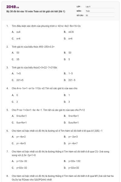 Bộ 30 đề thi vào 10 môn Toán có lời giải chi tiết (Đề 1)