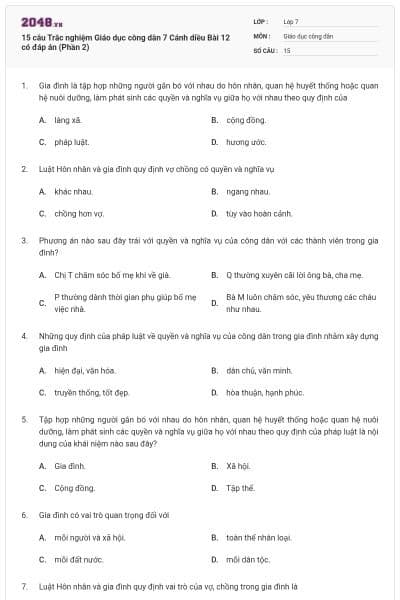 15 câu Trắc nghiệm Giáo dục công dân 7 Cánh diều Bài 12 có đáp án (Phần 2)