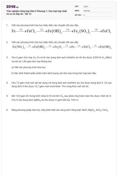 Trắc nghiệm tổng hợp Hóa 9 Chương 1: Các loại hợp chất vô cơ có đáp án - Đề 13