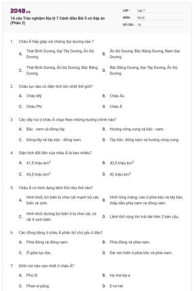 16 câu Trắc nghiệm Địa lý 7 Cánh diều Bài 5 có đáp án (Phần 2)