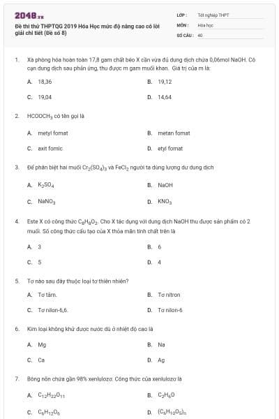 Đề thi thử THPTQG 2019 Hóa Học mức độ nâng cao có lời giải chi tiết (Đề số 8)