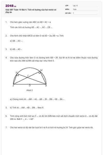 Giải SBT Toán 10 Bài 4. Tích vô hướng của hai vectơ có đáp án