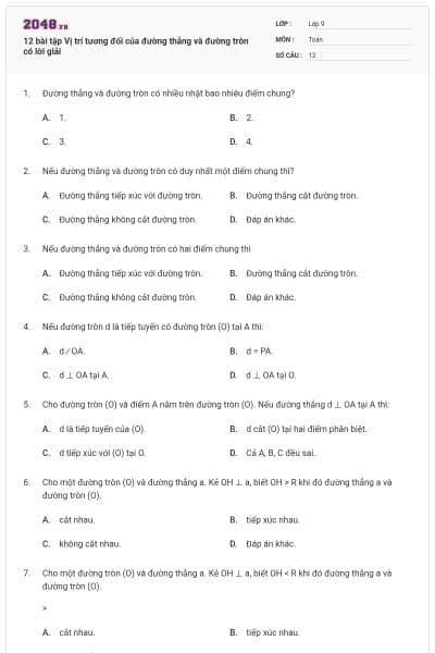 12 bài tập Vị trí tương đối của đường thẳng và đường tròn có lời giải